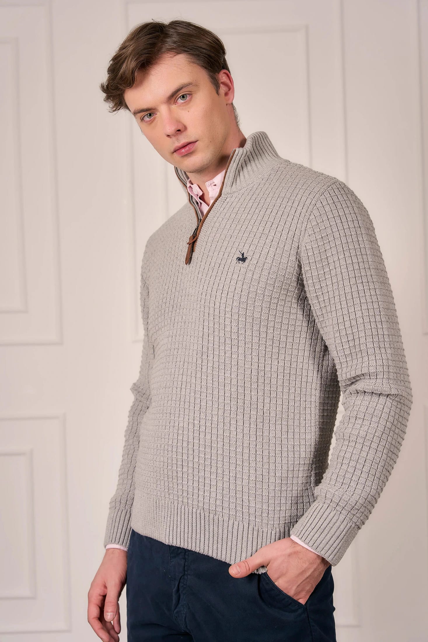 Suéter Halfzip Waffle Hombre Gris Claro - imagen 1