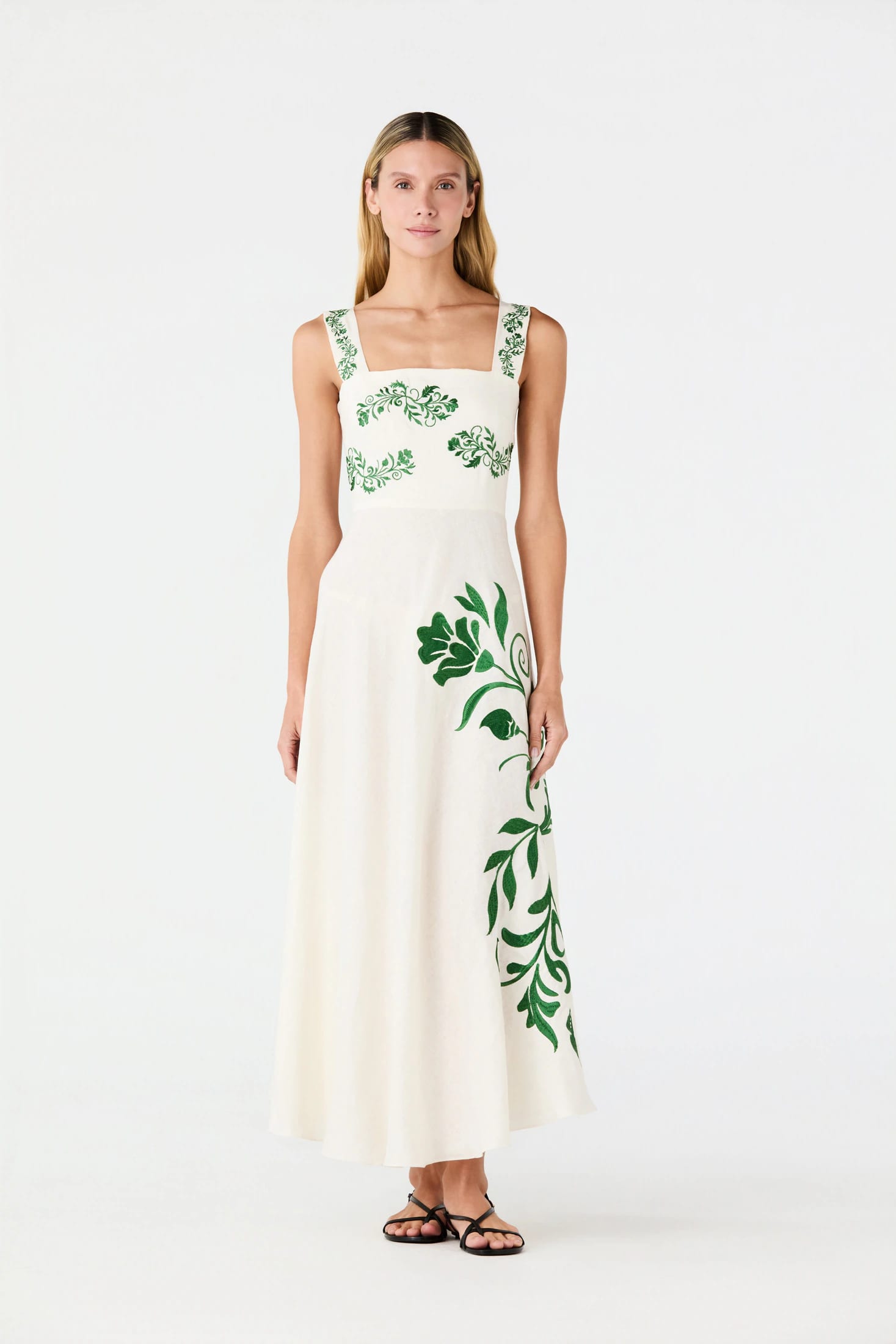 Noelia Embroidered Linen Midi Dress / Ivory Green Buganvilias - imagen 2