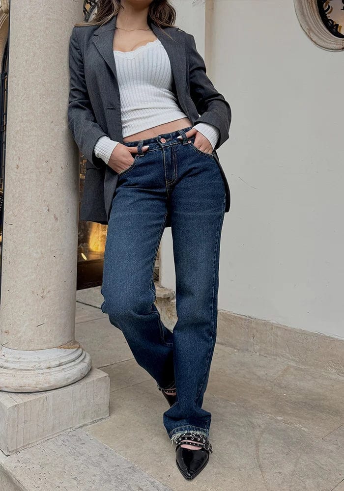 Jeans Straight Leg Azul Oscuro Dirty Tiro Bajo - imagen 3