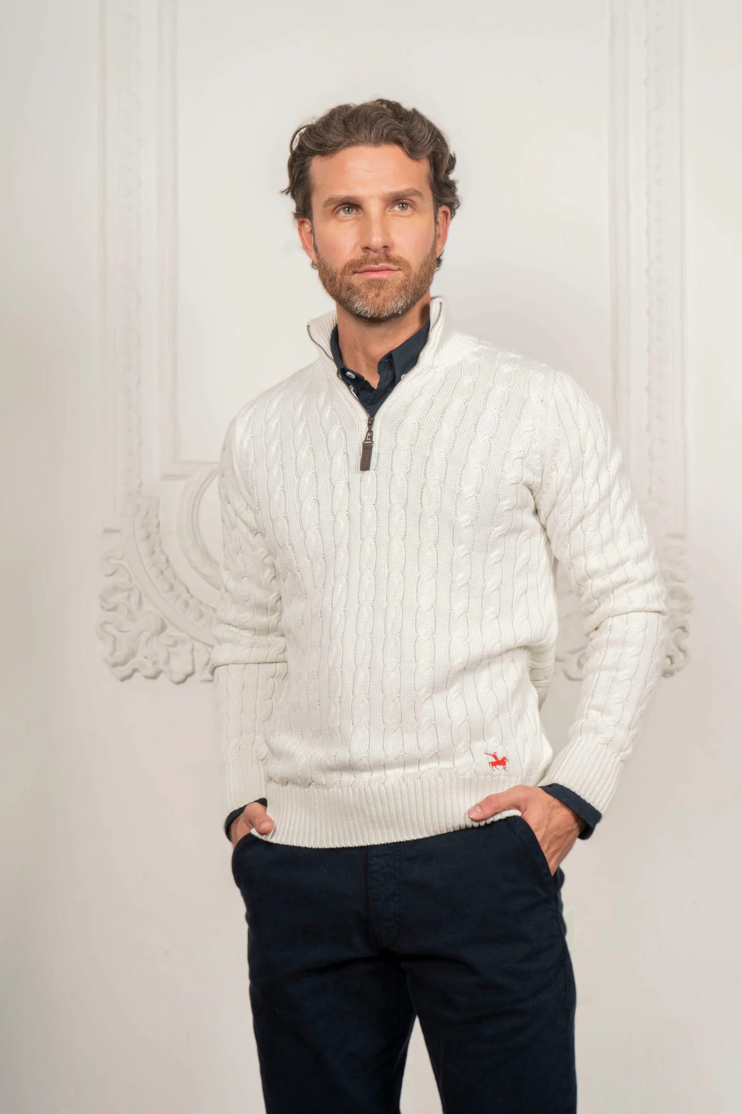 Suéter Halfzip Trenzado Hombre Hueso - imagen 1