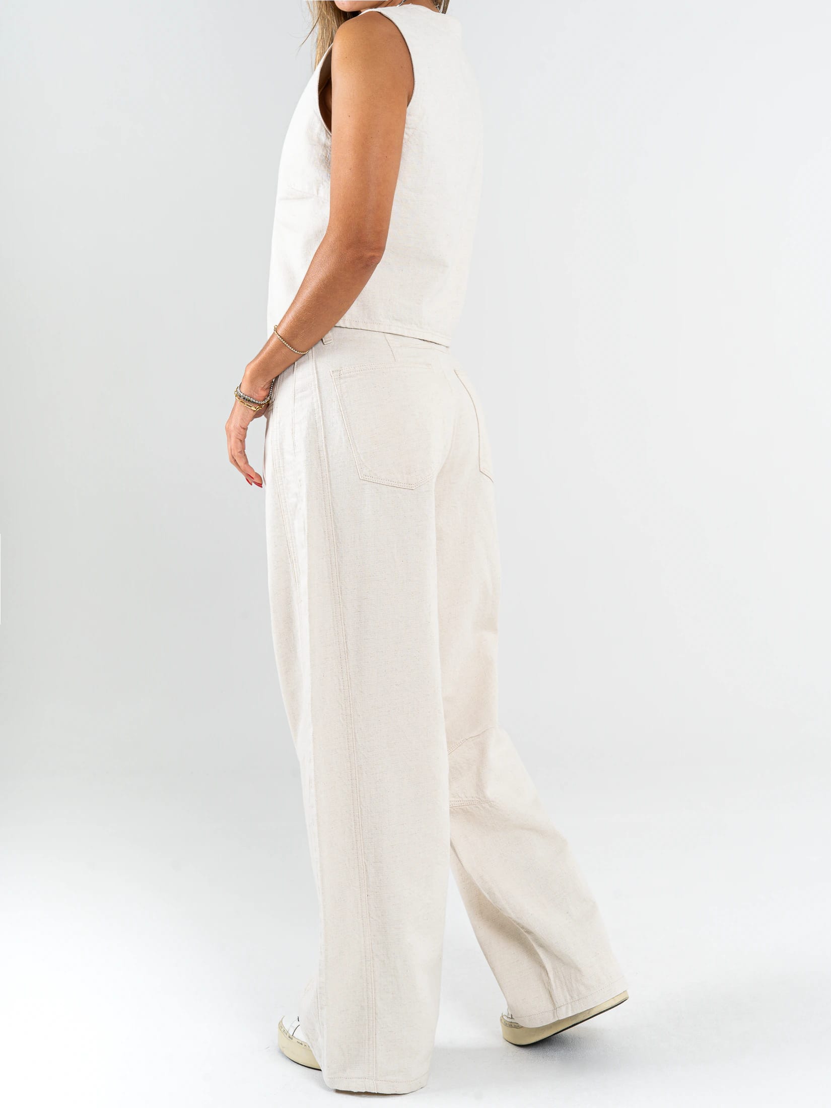 Ref: 069926 Pantalón wide leg, tiro alto, tono natural, tejido plano rígido, tipo lino - imagen 2