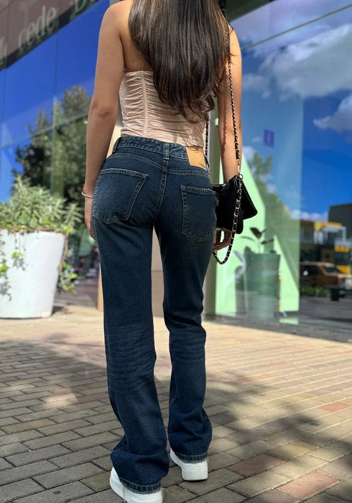 Jeans Straight Leg Azul Oscuro Dirty Tiro Bajo - imagen 2