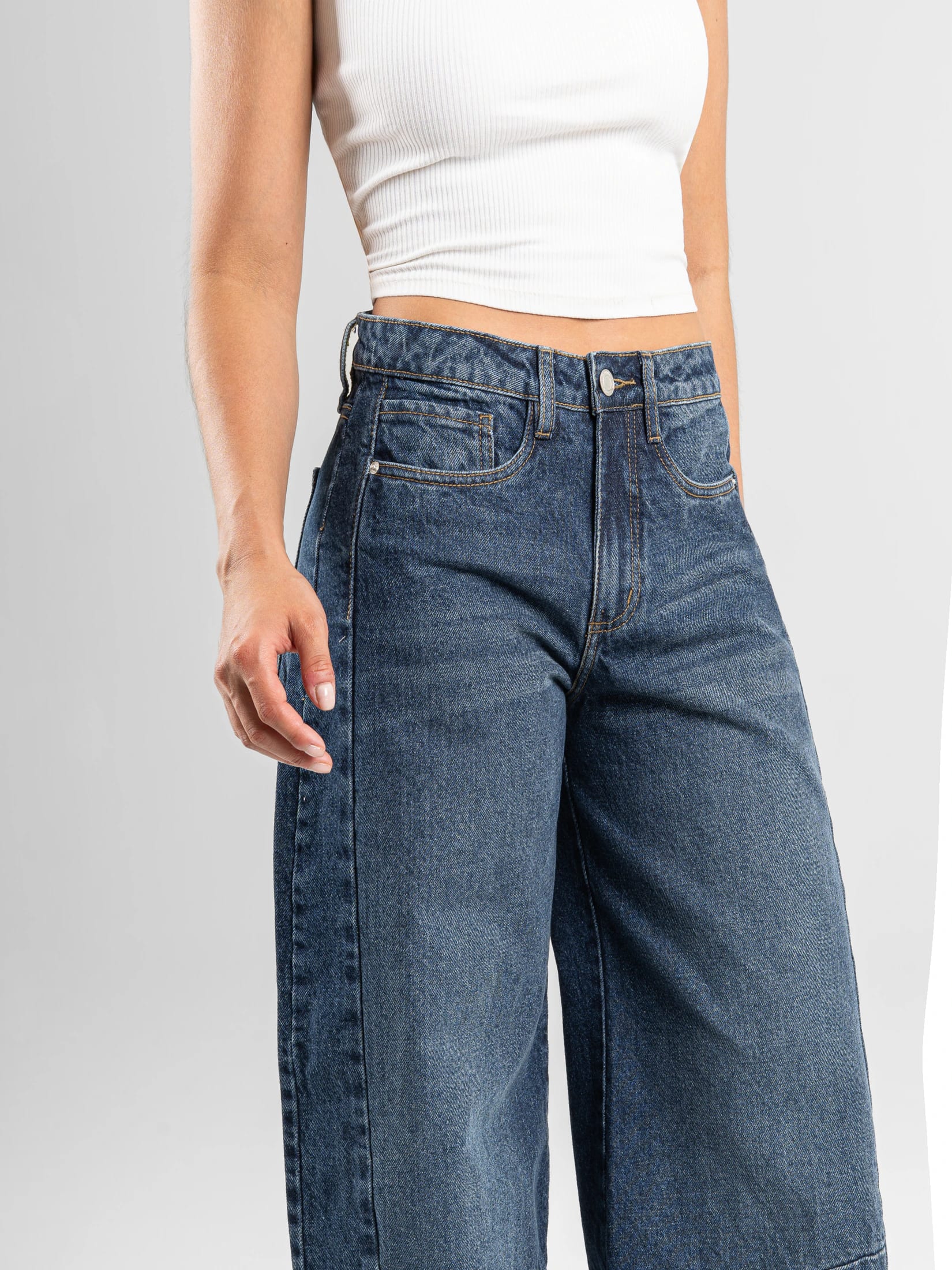 Ref: 066447 Jean wide leg, rígido, tiro alto, con cortes, tono azul oscuro - imagen 5