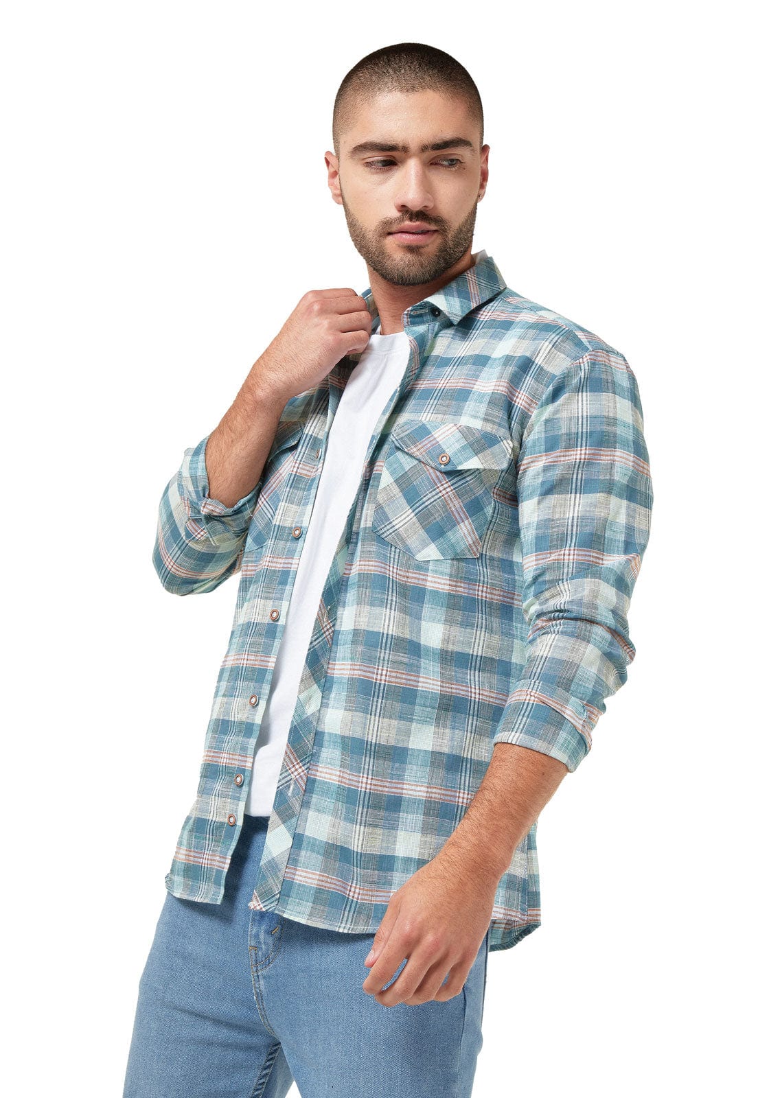 Camisa leñadora verde con tonos azules y blanco doble bolsillo - imagen 1