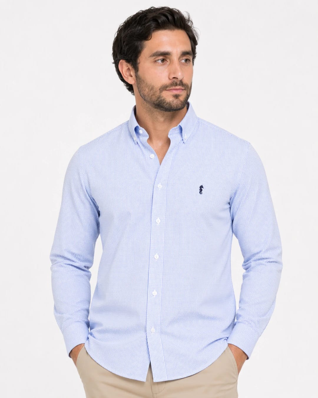 Camisa 100% Algodón Manga Larga Cuadros Azul Claro - imagen 3
