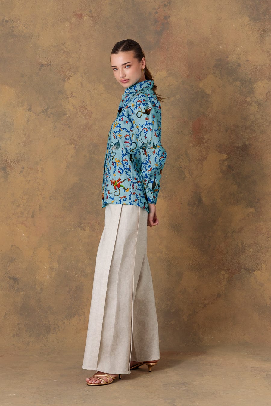 Women's shirt linen delphos turquoise - imagen 6