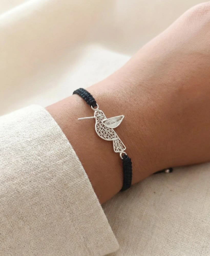 Pulsera Colibri Plata ley 950 Tejida Macrame Filigrana - imagen 2