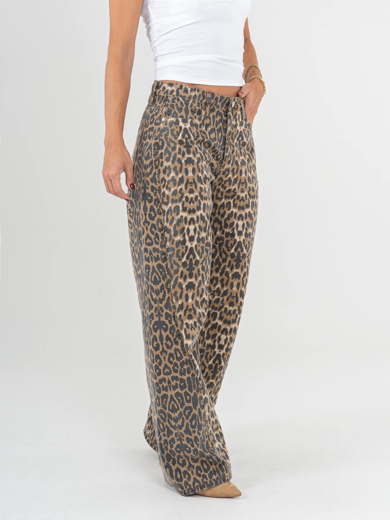 Ref: 0620197 Pantalón wide leg, rígido, tiro alto, corte en costado, estampado animal print. - imagen 3