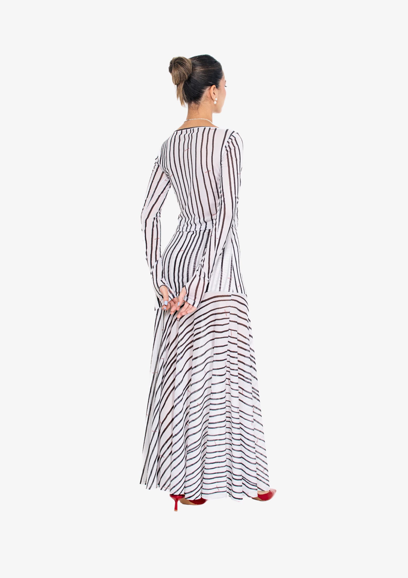 White Stripes Mesh Long Sleeve Blouse - imagen 6