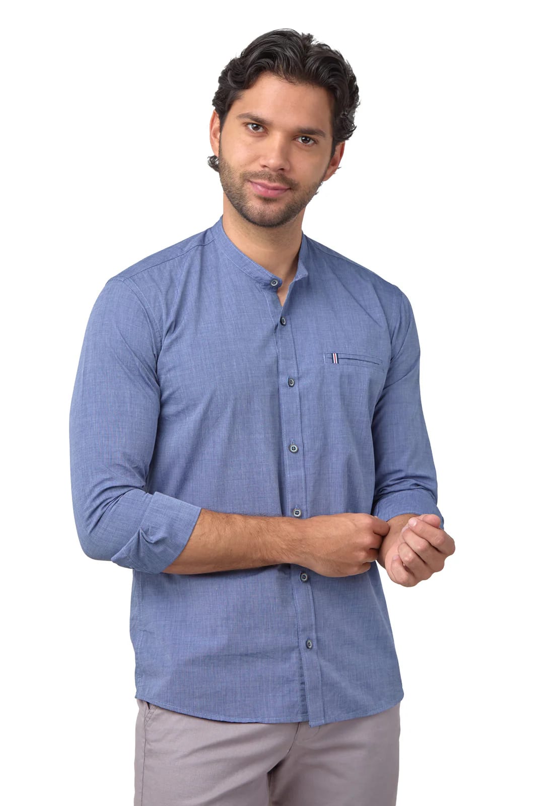 Camisa cuello neru azul indigo con bolsillo de ribete - imagen 6