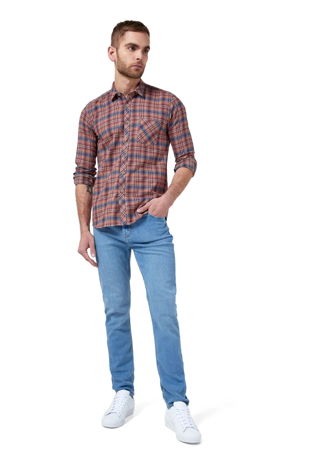 Camisa leñadora camel con rayas rojas y azules un bolsillo - imagen 6