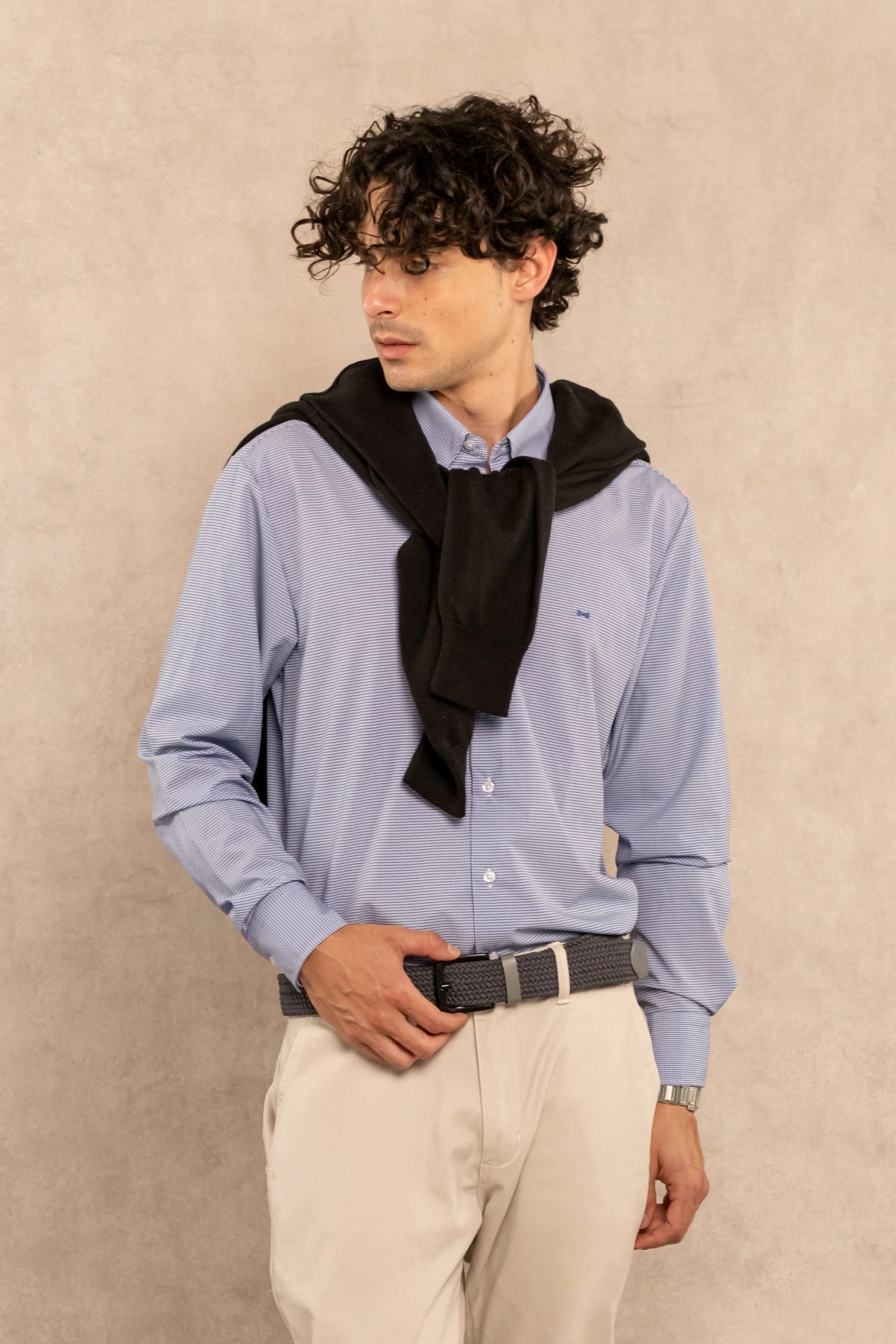 Camisa Performance Antiarrugas Cuadros Textura Azul Oscuro - imagen 1