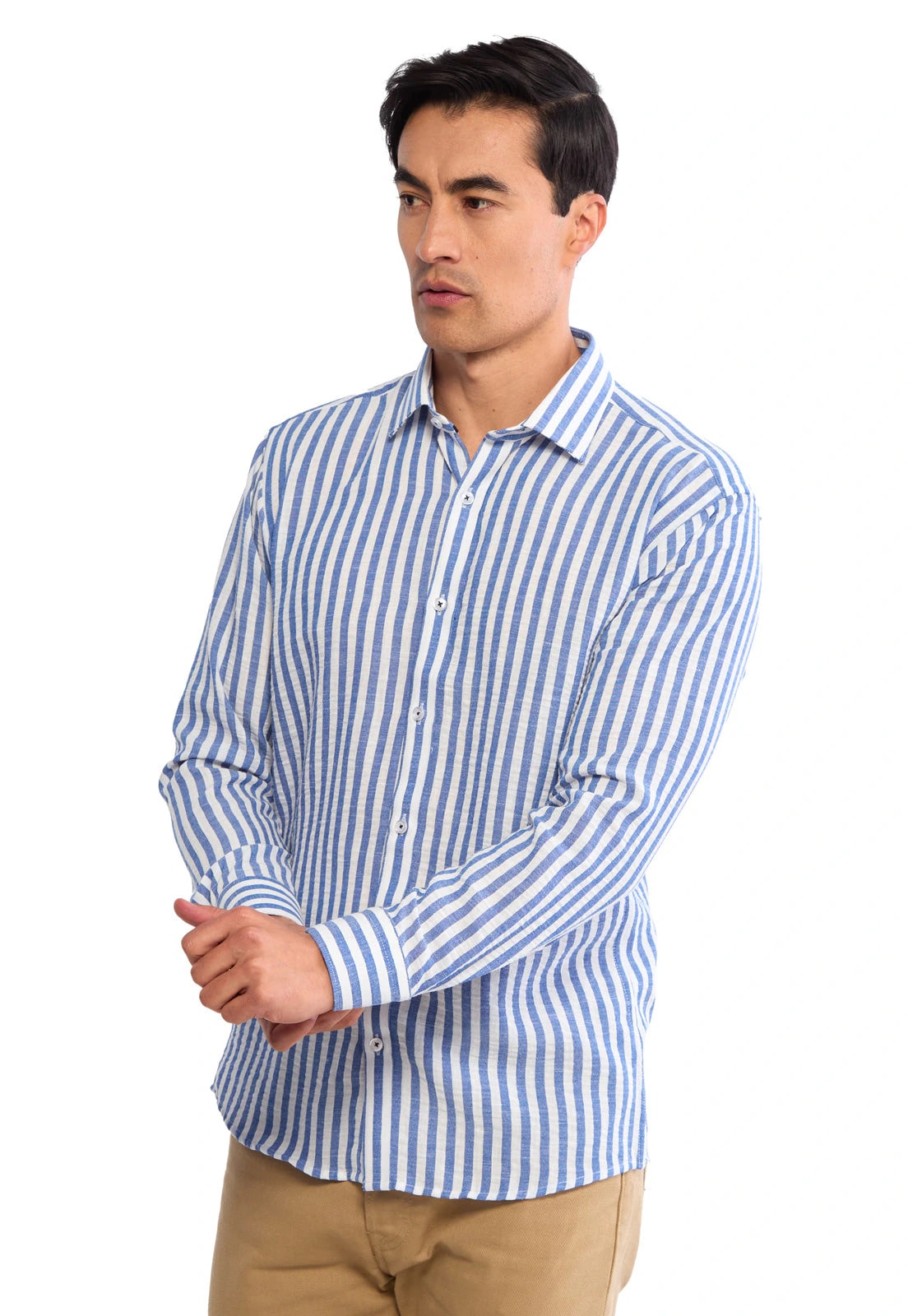 Camisa en lino azul a rayas blancas - imagen 1
