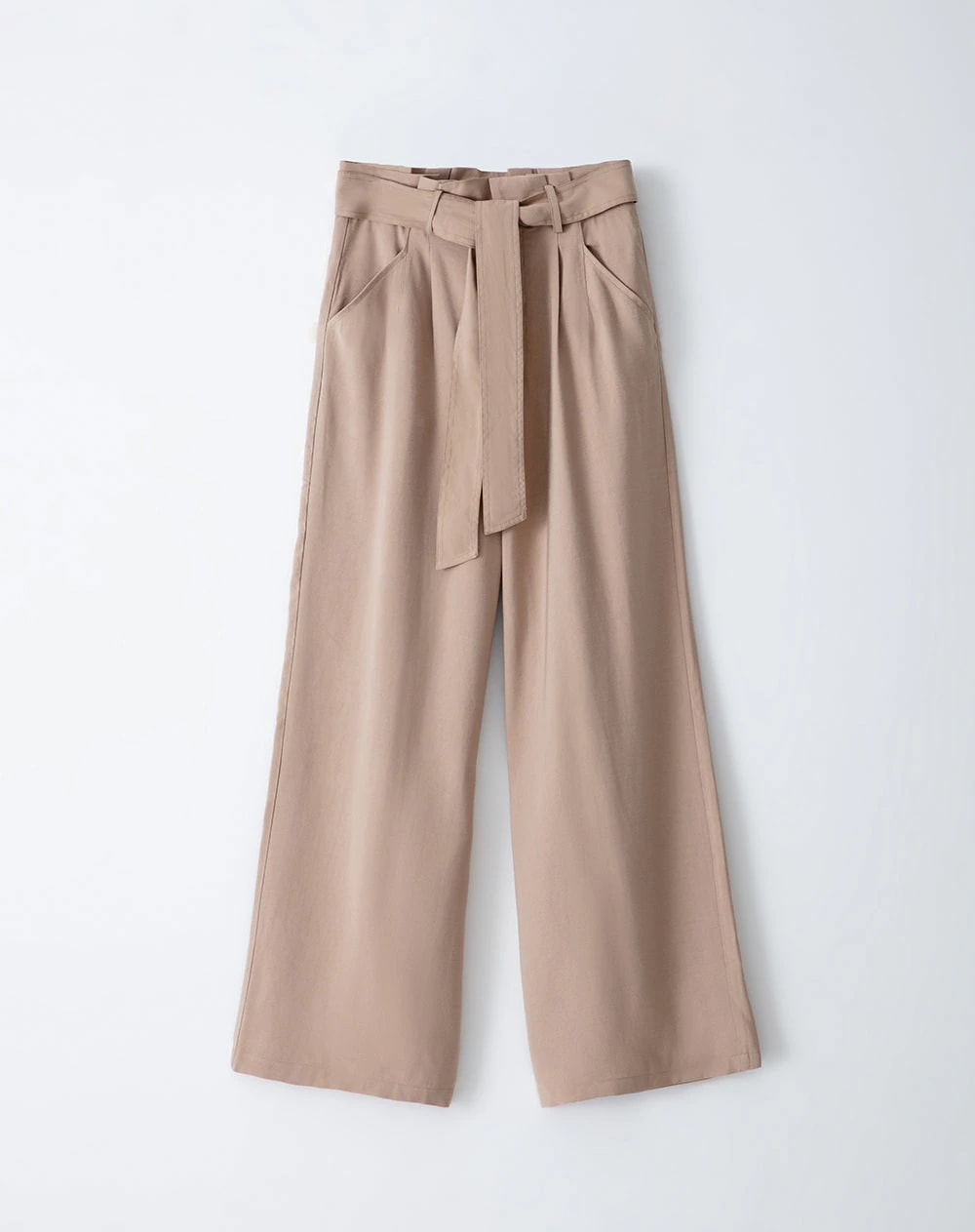 Pantalón palazzo tiro alto pliegues delanteros y cinturón caqui para mujer - imagen 1