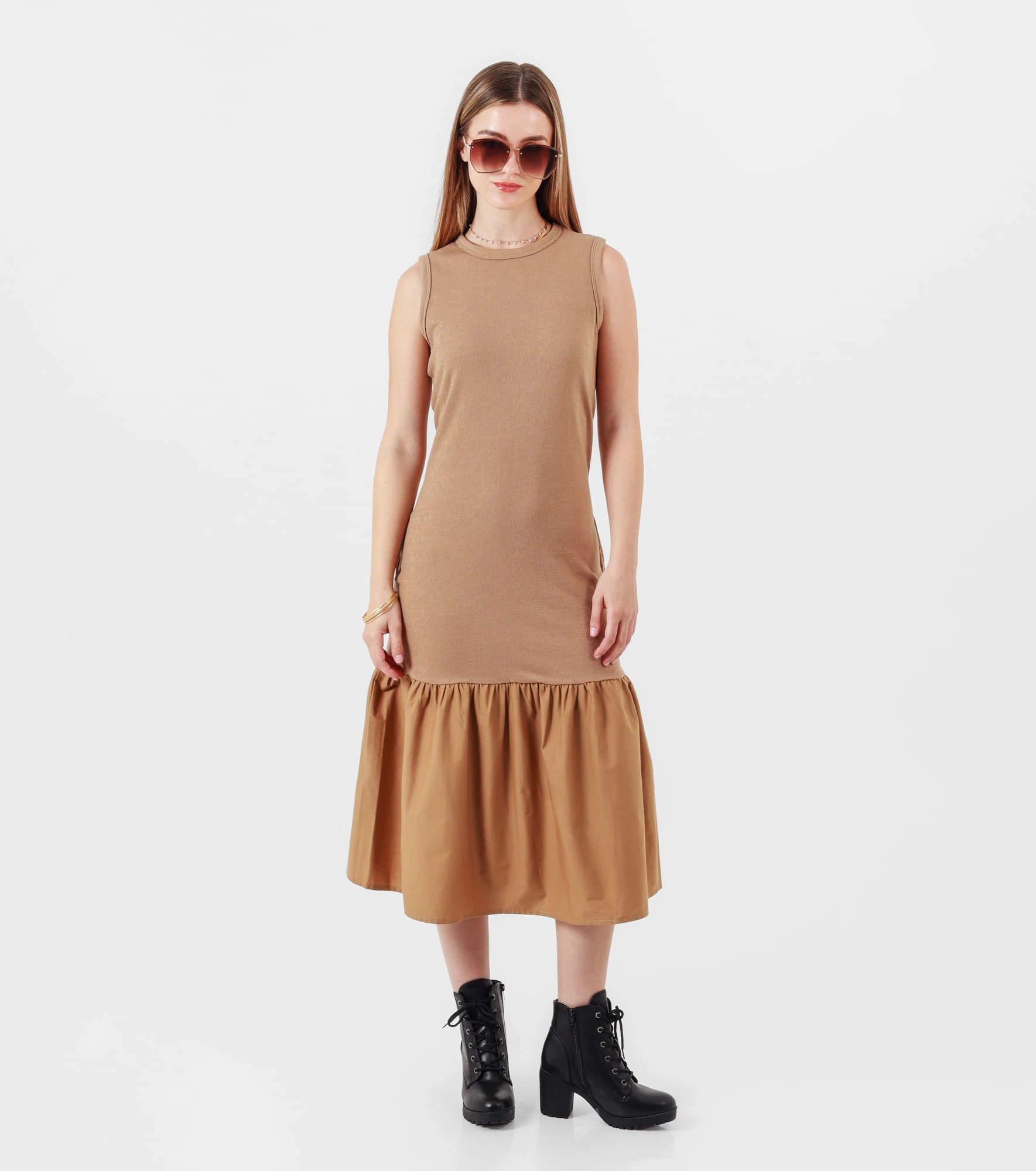 Vestido largo tejido cuello redondo evasé - imagen 1