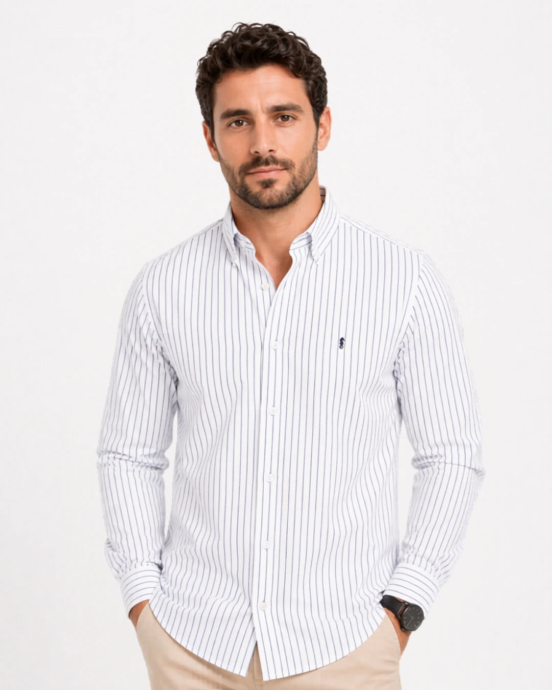 Camisa 100% Algodón Manga Larga Blanca Rayas Azul - imagen 1