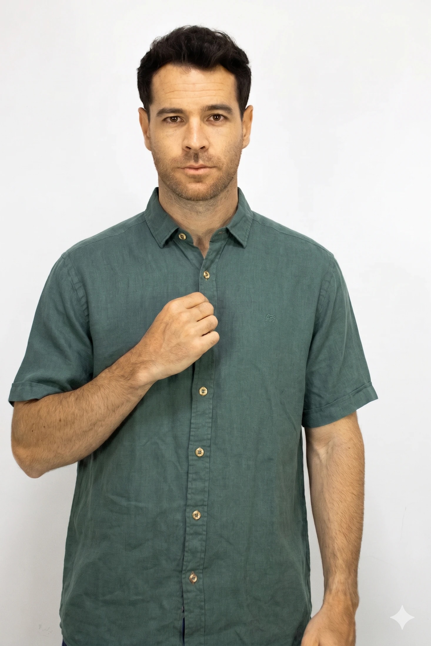 Camisa Lino Manga Corta Verde Para Hombre - imagen 1