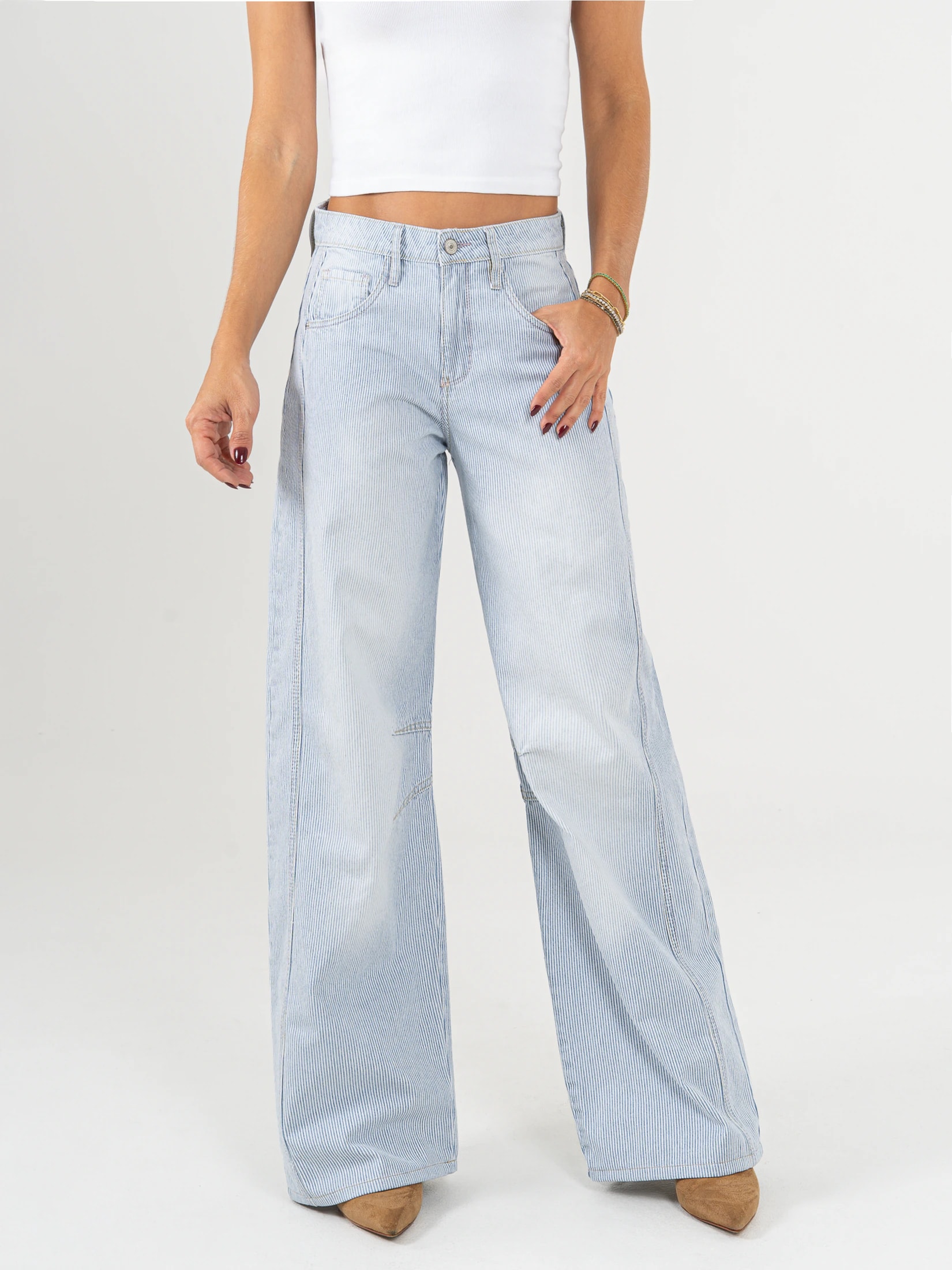 Ref: 066089 Jean wide leg, rayas, rígido, tiro alto, tono azul, pinzas en pierna - imagen 1