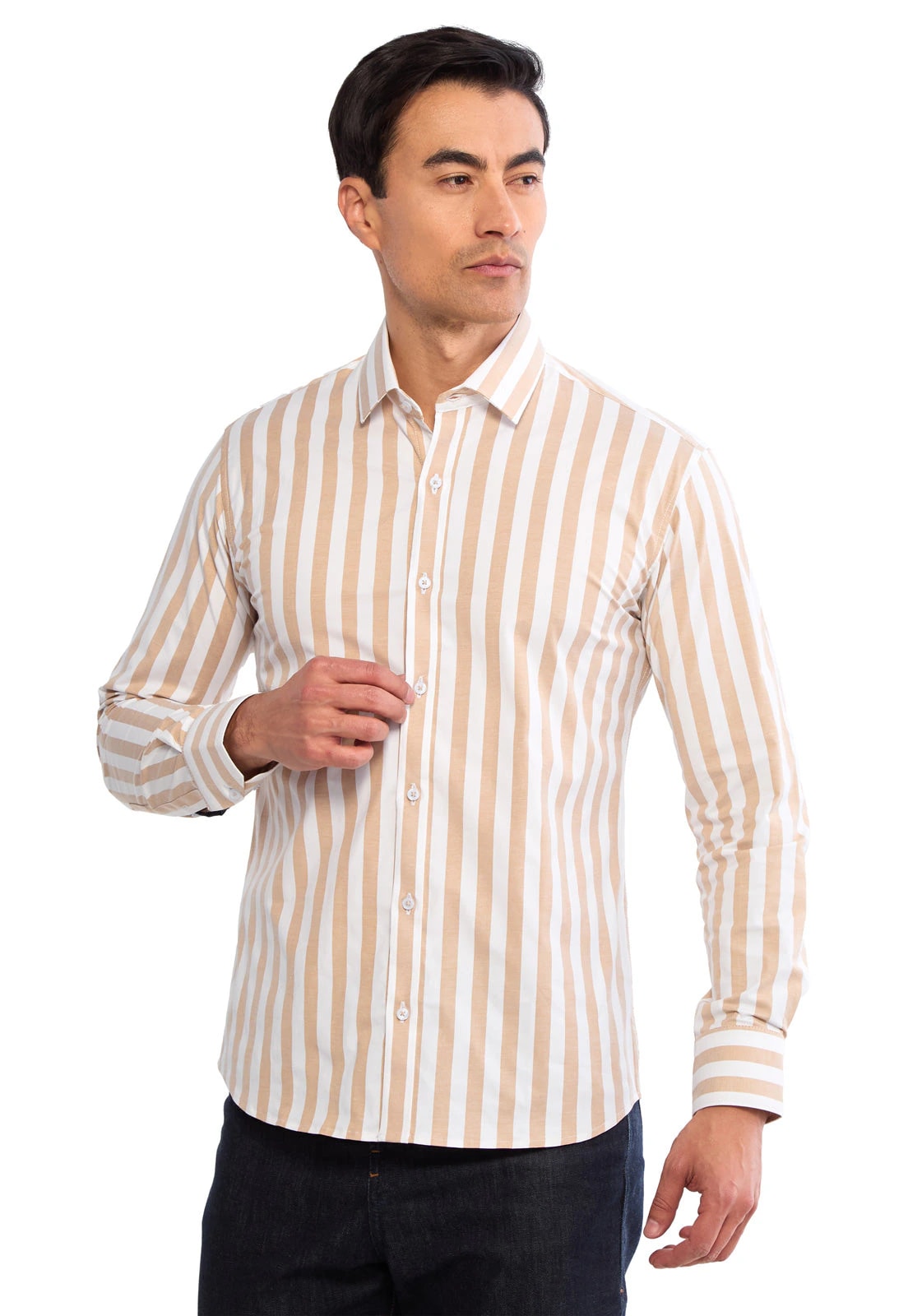 Camisa manga larga blanca con rayas camel - imagen 1