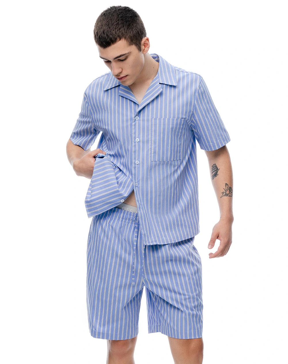 Camisa + bermuda de pijama algodón azul con rayas hombre - imagen 1