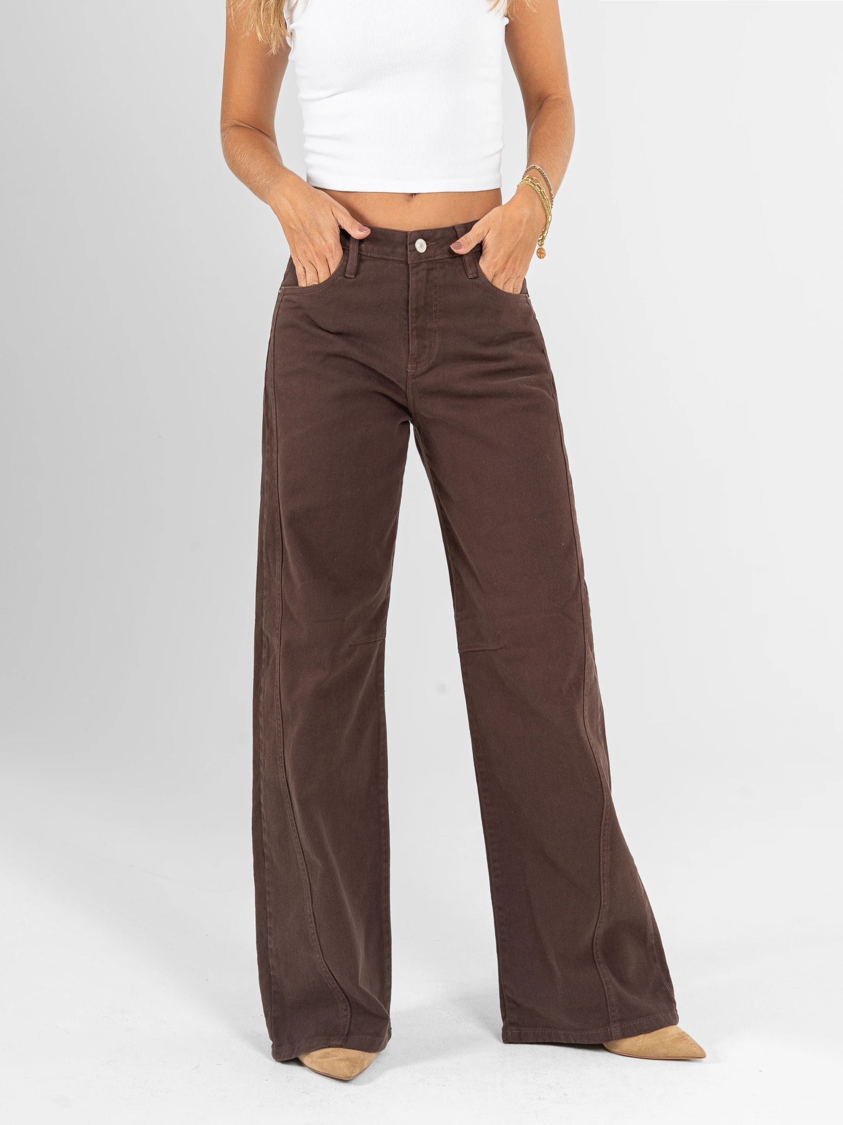 Ref: 0620618 Pantalón wide leg stretch, tiro alto, tono café, corte en delantero - imagen 1