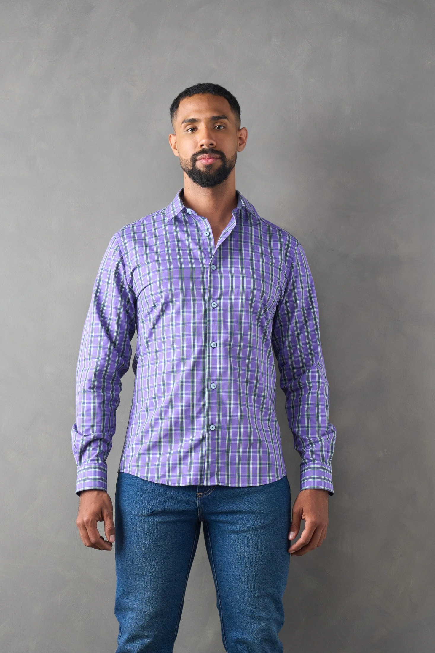Camisa slim fit azul oscuro a cuadros - imagen 1