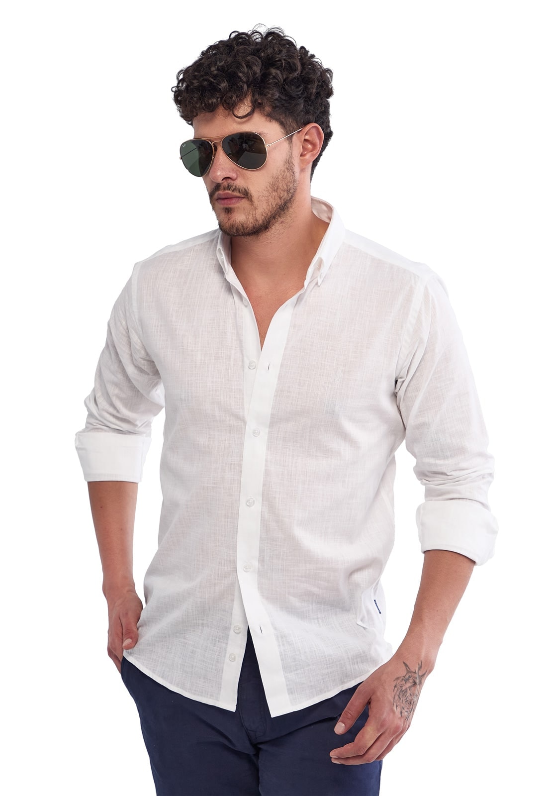 Camisa Manga Larga 100% Algodón tipo Lino Blanca - imagen 1