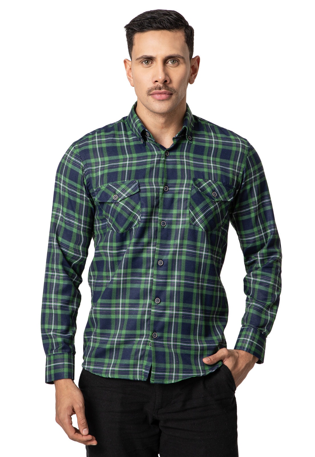 Camisa leñadora doble bolsillo verde, azul y blanco - imagen 1