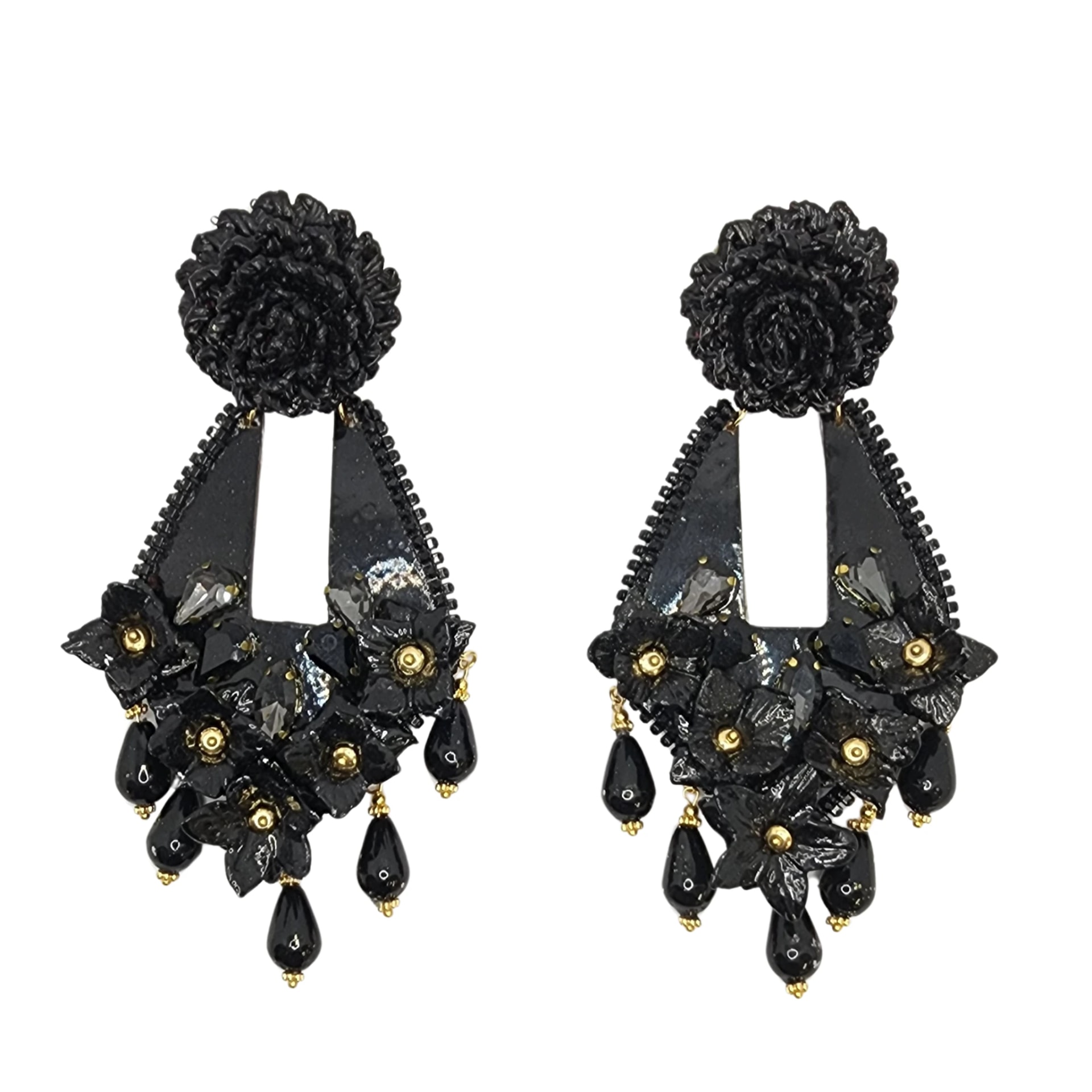 Fiber Black Flower Earrings - imagen 1