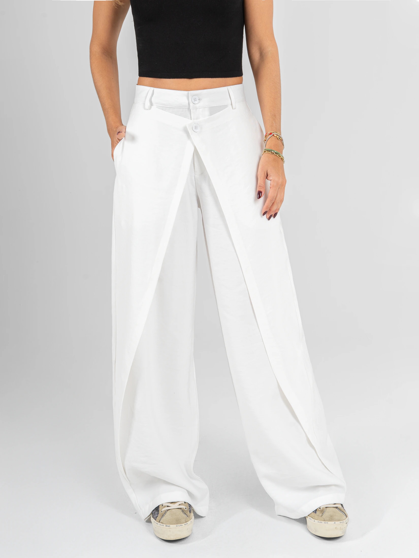 Ref: 0620550 Pantalón wide leg, tejido plano liviano, tiro alto, detalle delantero, tono ivory - imagen 1