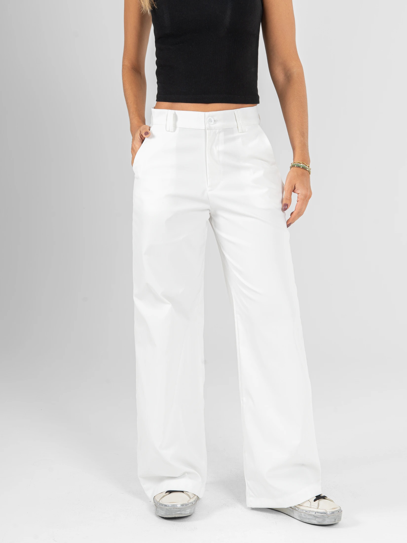 Ref: 0620626 Pantalón mom flare, rígido, sin prenses, tono ivory, tejido plano liviano, tiro alto - imagen 1