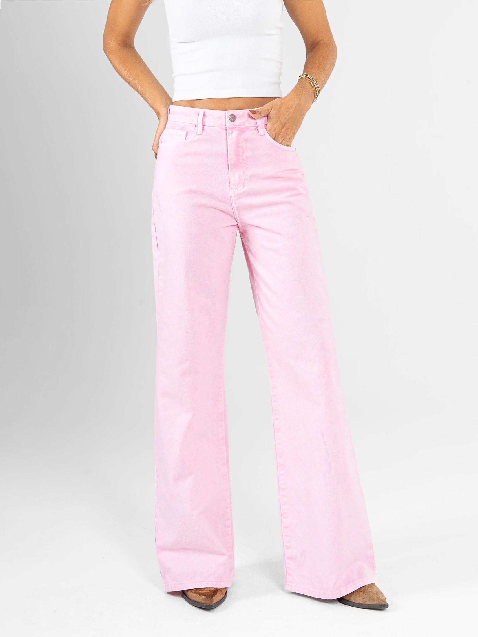 Ref: 0620541 Pantalón mom flare, rígido, tiro alto, tono rosa - imagen 1