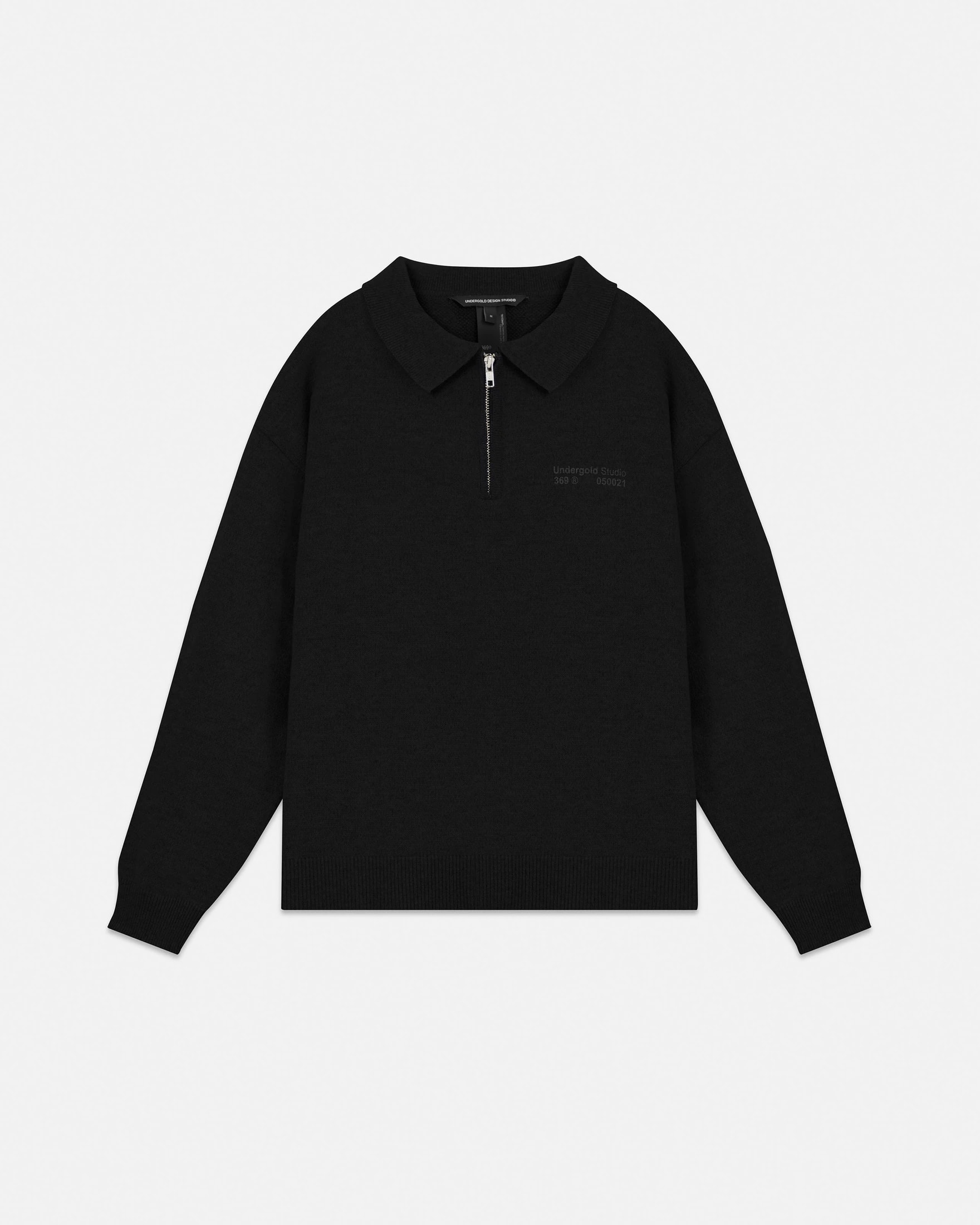 Line Knit Zip Up Long Sleeve Polo Shirt Black - imagen 1