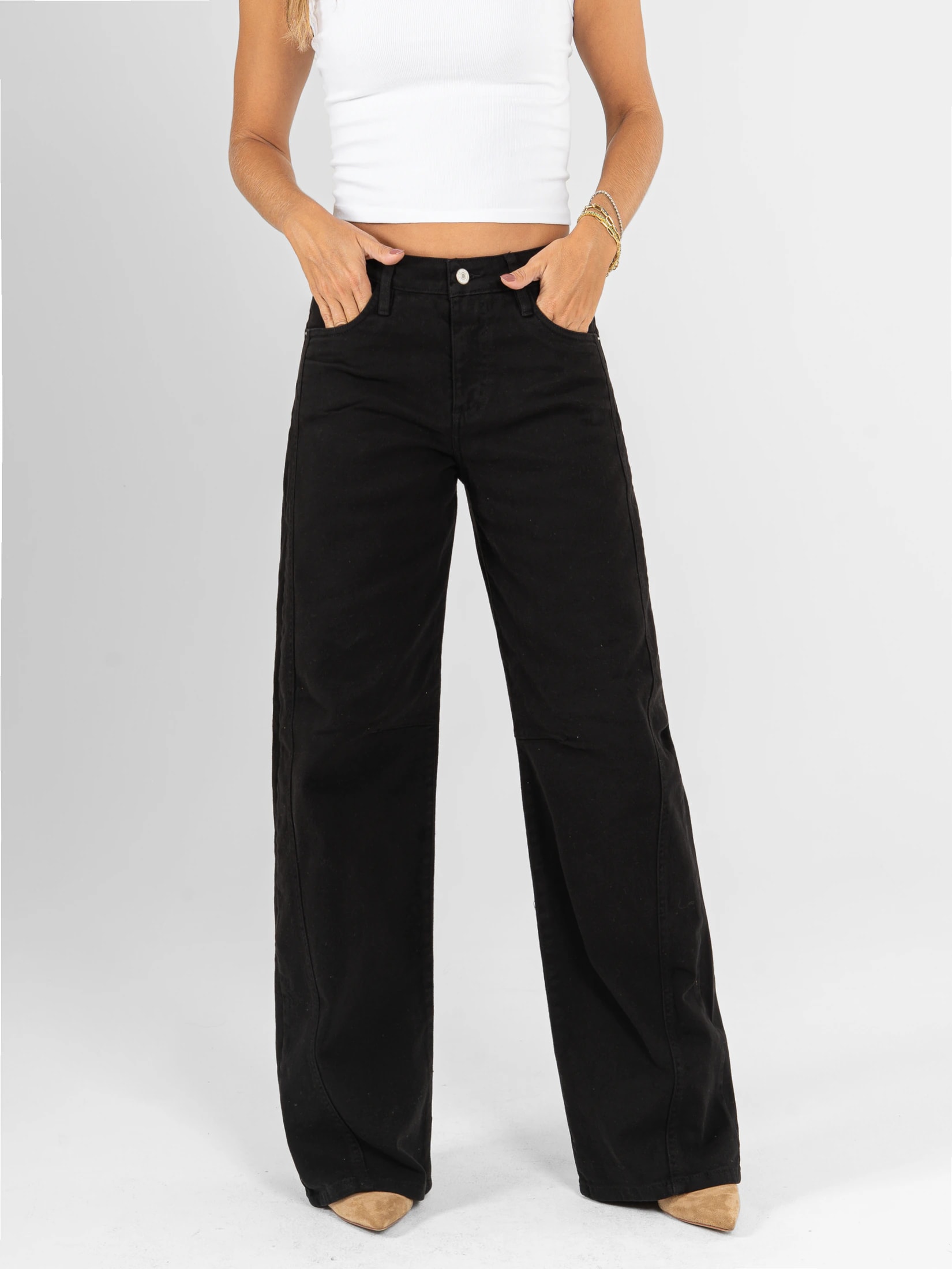 Ref: 0620617 Pantalón wide leg stretch, tiro alto, tono negro, corte en delantero - imagen 1