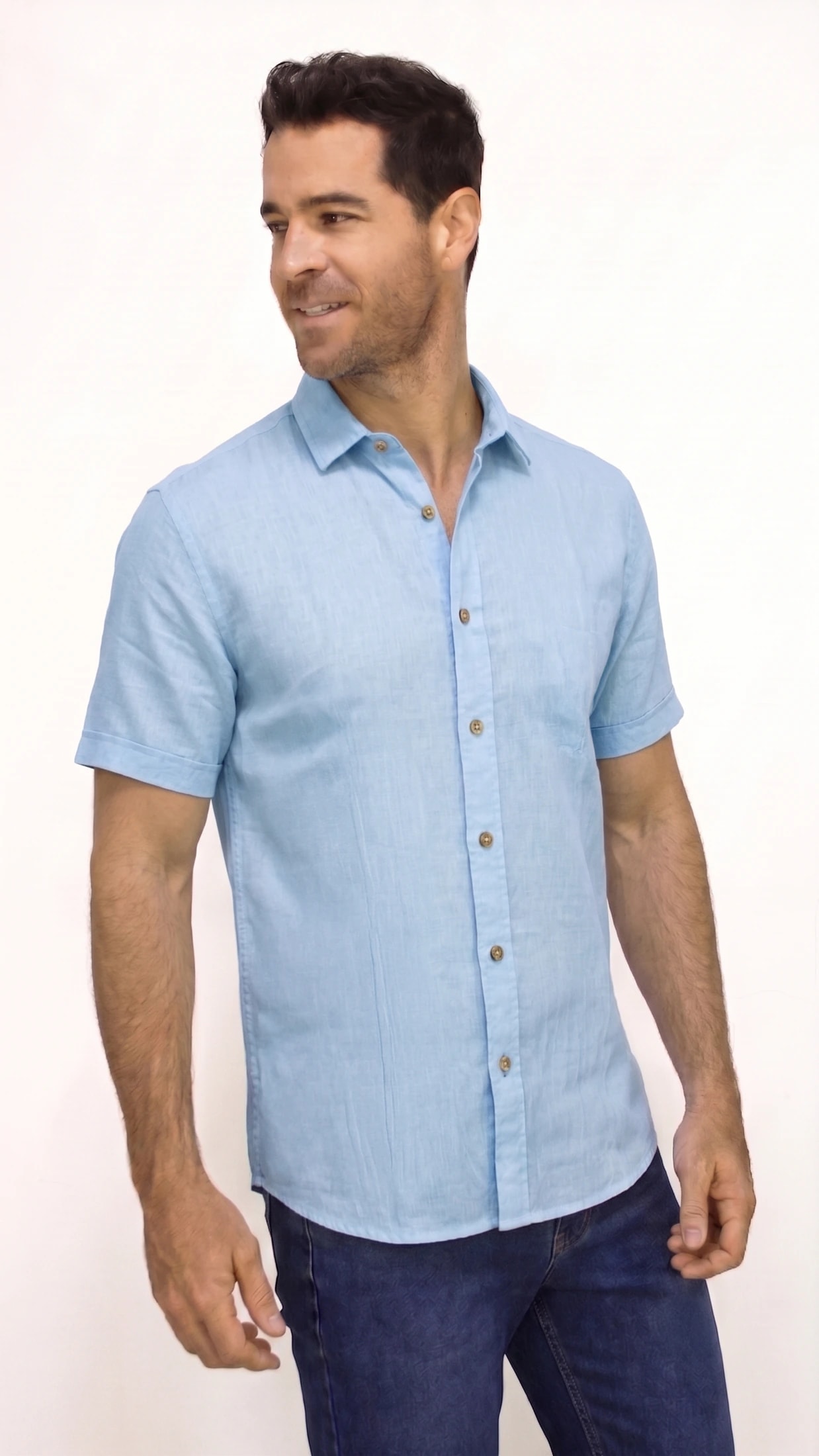 CAMISA LINO MANGA CORTA AZUL PARA HOMBRE - imagen 1