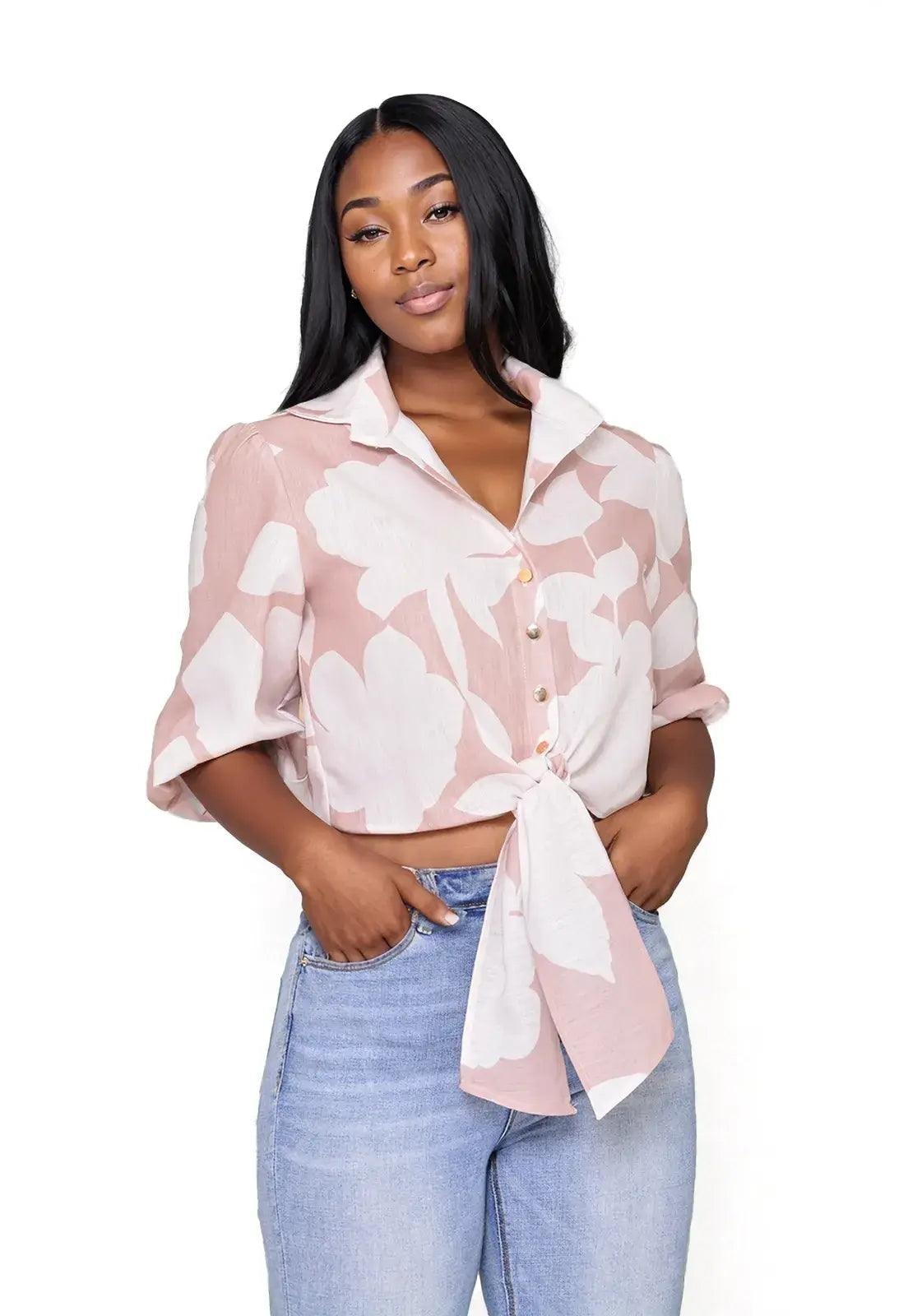 Camisa Crop Floral Manga 3/4 con botones - imagen 1