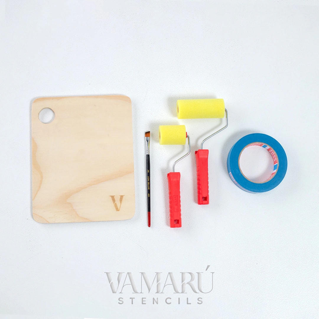 Kits de Complementos, Vamarú Stencils, Rodillo, Paleta, Pincel, Cinta azul - imagen 1