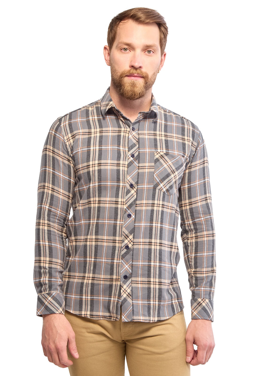 Camisa leñadora gris con cuadros naranja - imagen 1