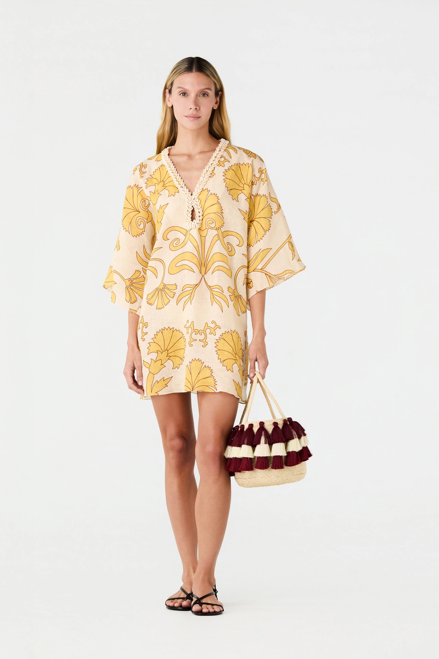 Andina Hand-Embroidered Linen Mini Tunic / Yellow Flowers - imagen 1