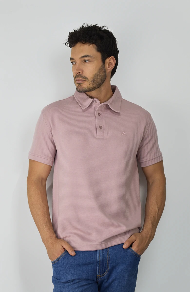 Camiseta tipo polo en tela texturizada Rosa para Hombre - imagen 1