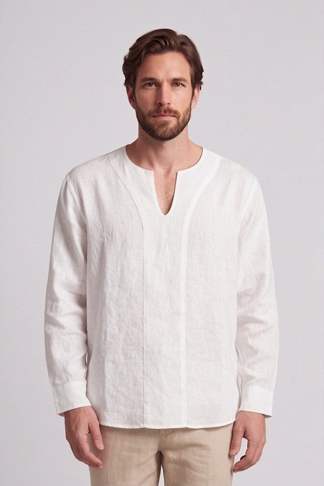 Camisa en lino cuello hindu para hombre Jon Sonen 010223063 - imagen 1