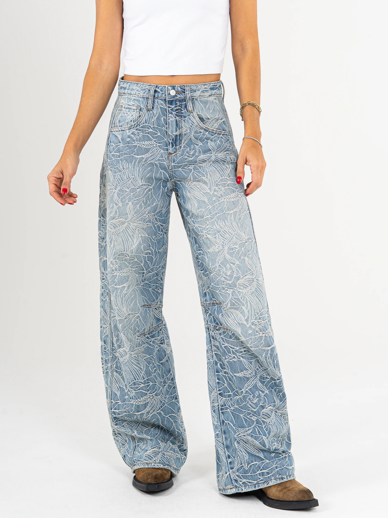 Ref: 066598 Jean wide leg, tiro alto, detalle de tela bordada, rígido, tono azul medio - imagen 1