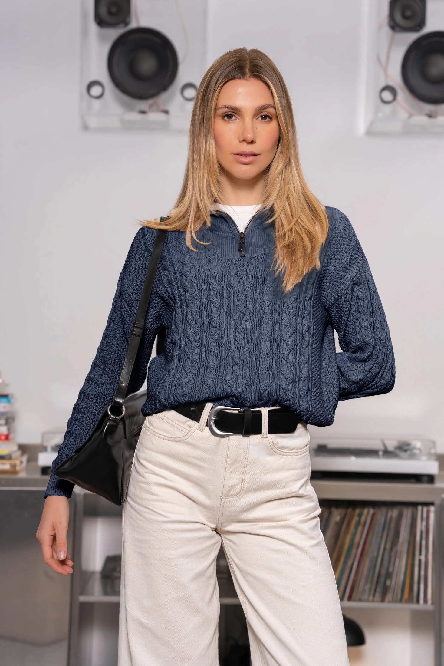 Suéter Halfzip Trenzado Algodón Mujer Azul Navy - imagen 1