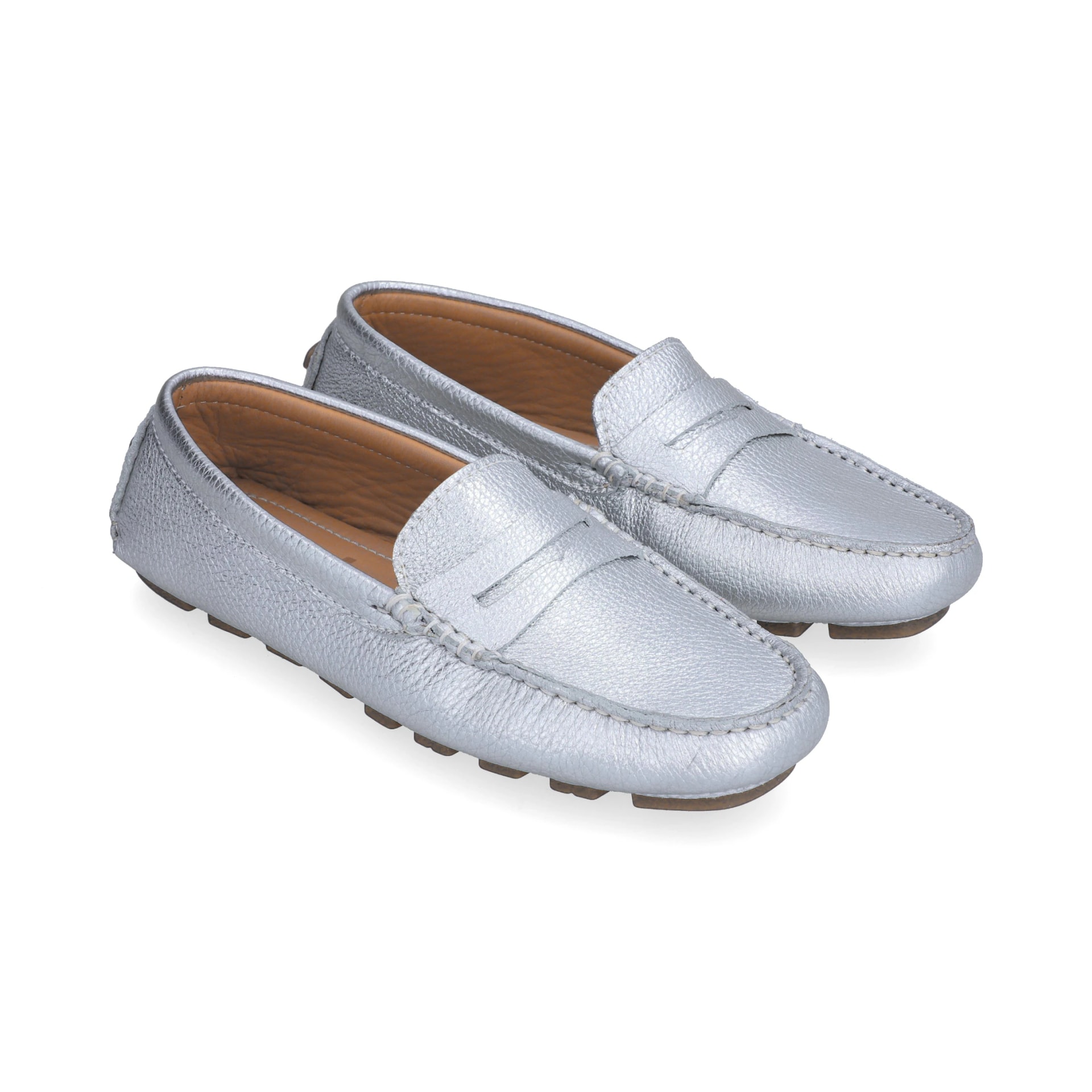 Mocasines Mujer Penny Cuero Metalizado Plateado Argenta - imagen 1