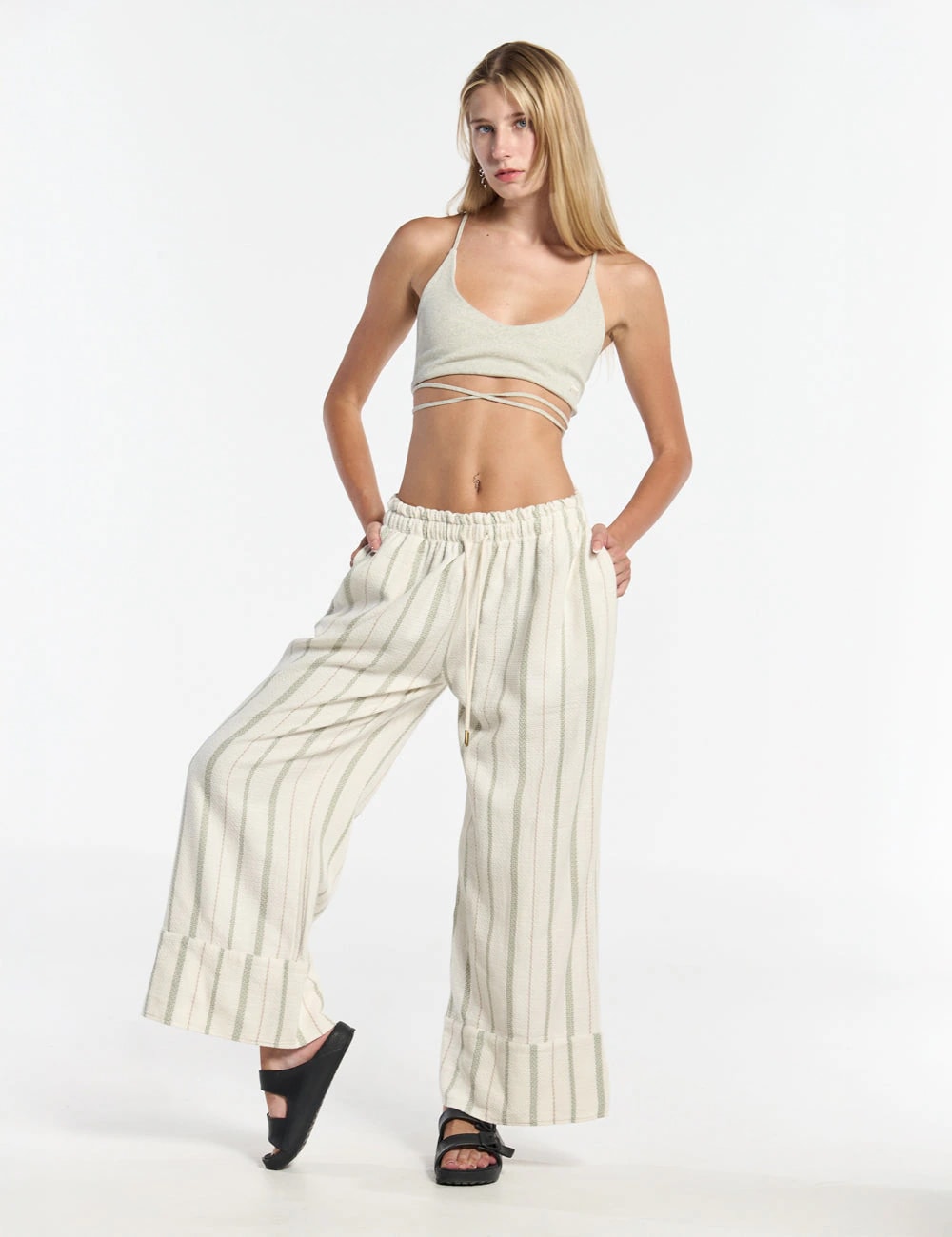 Pantalón Palazzo Raíz  crudo + verde Mujer - imagen 1