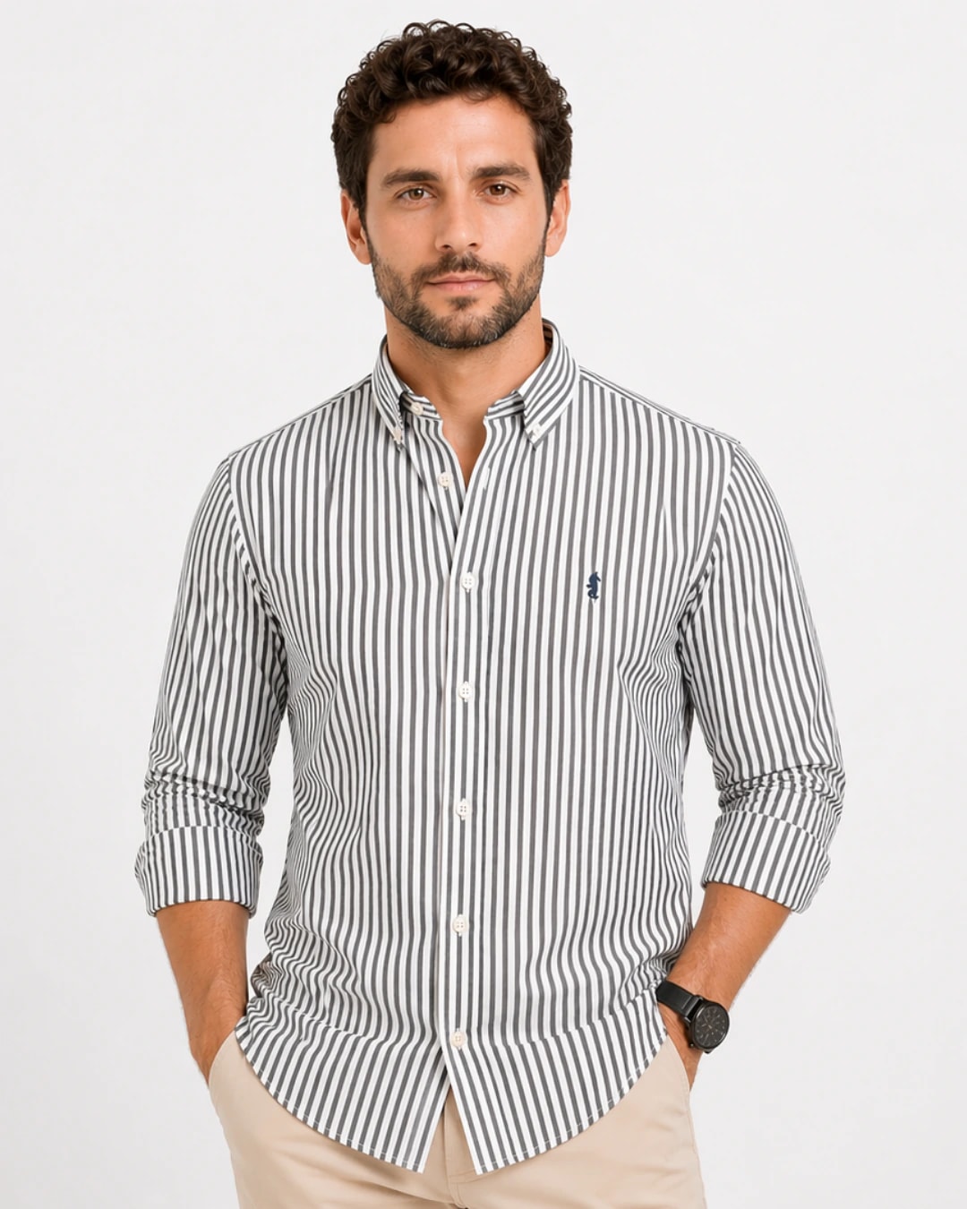 Camisa 100% Algodón Manga Larga Blanca Rayas Grises - imagen 1