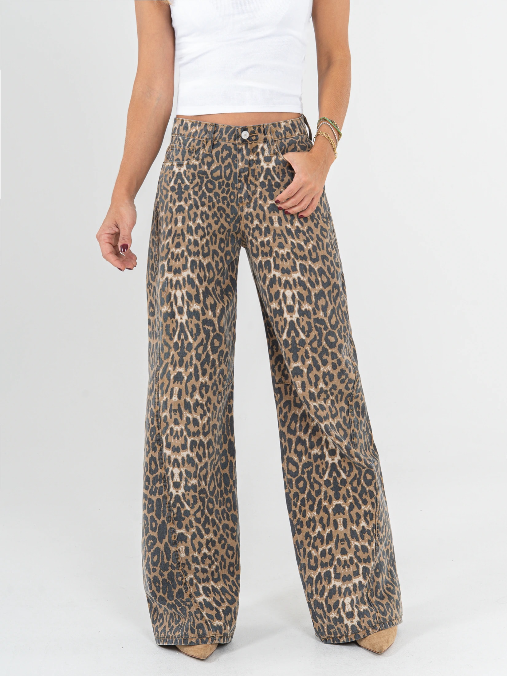 Ref: 0620197 Pantalón wide leg, rígido, tiro alto, corte en costado, estampado animal print. - imagen 1