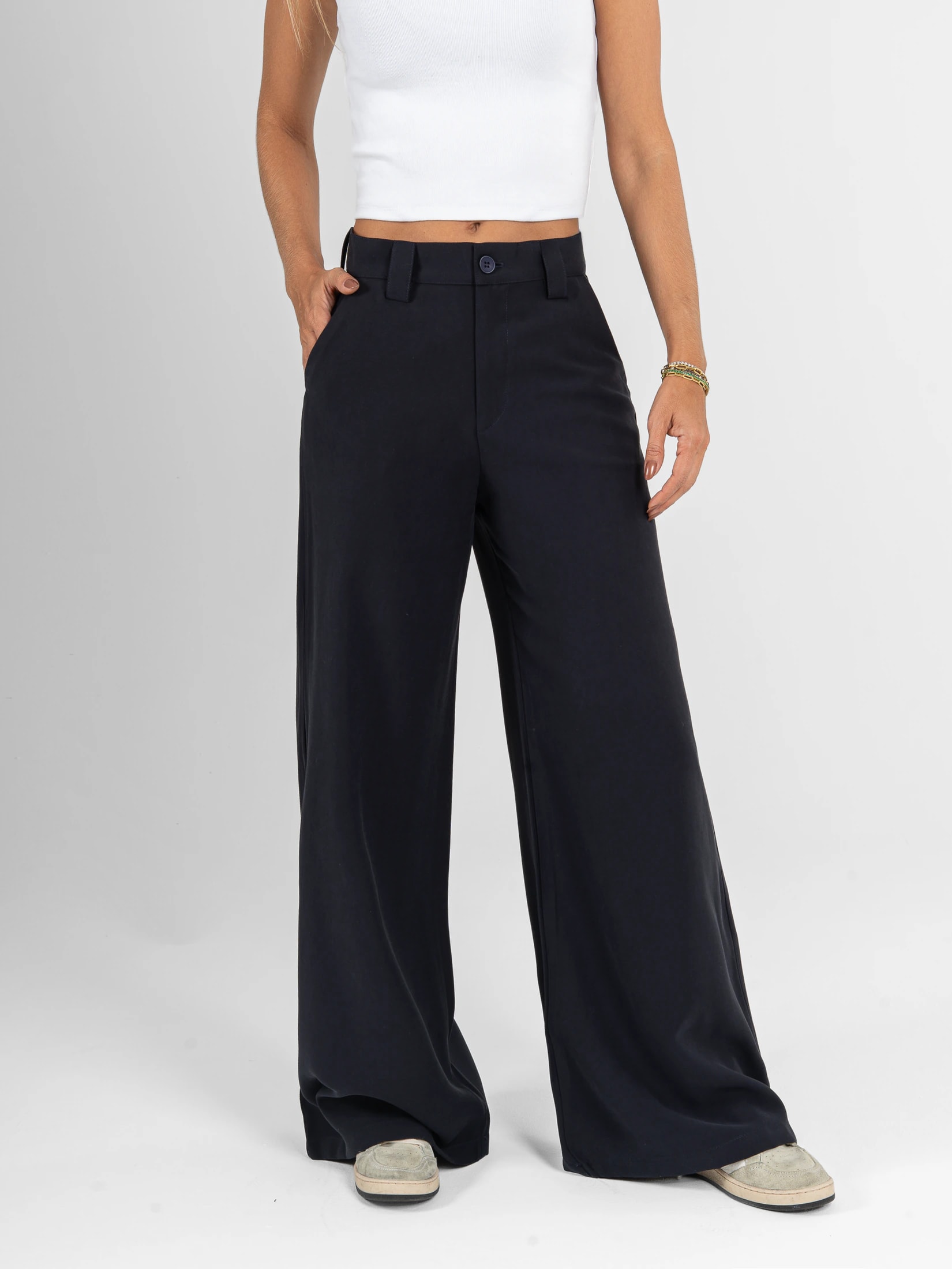Ref: 0620604 Pantalón palazzo, tejido plano liviano, tiro alto, tono azul oscuro - imagen 1