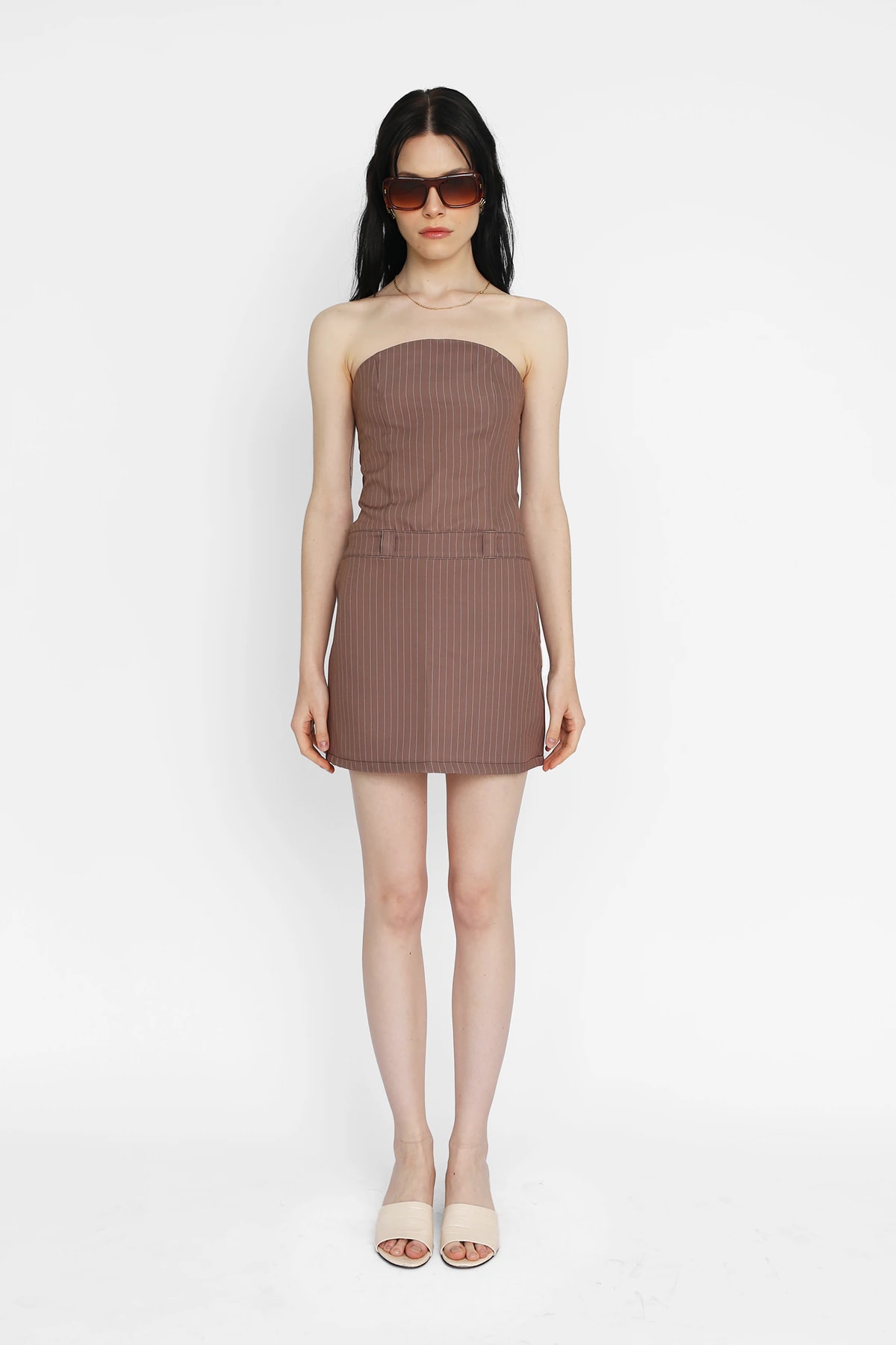 Strapless Mini Dress in Brown Pinstripe - imagen 1