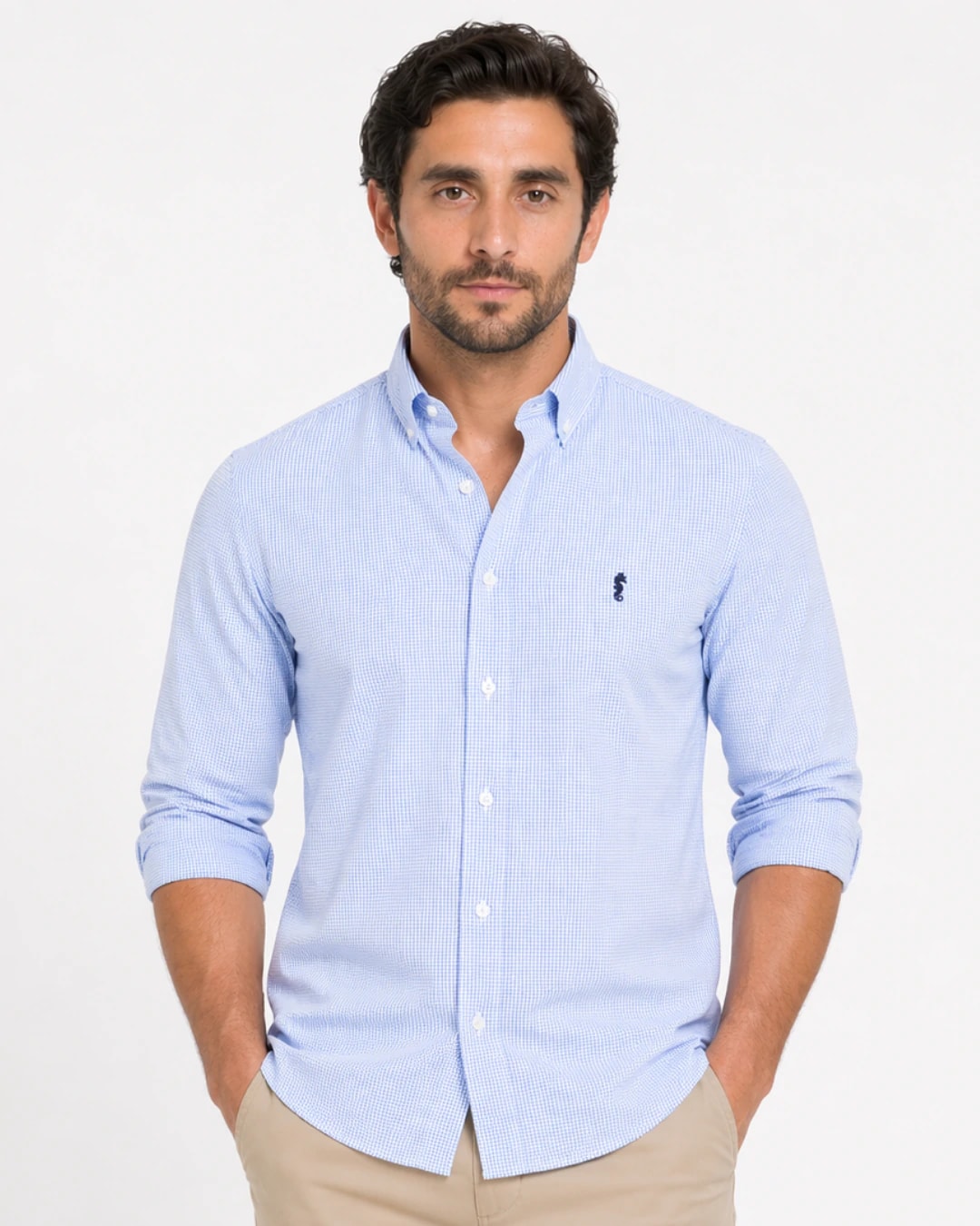 Camisa 100% Algodón Manga Larga Cuadros Azul Claro - imagen 1